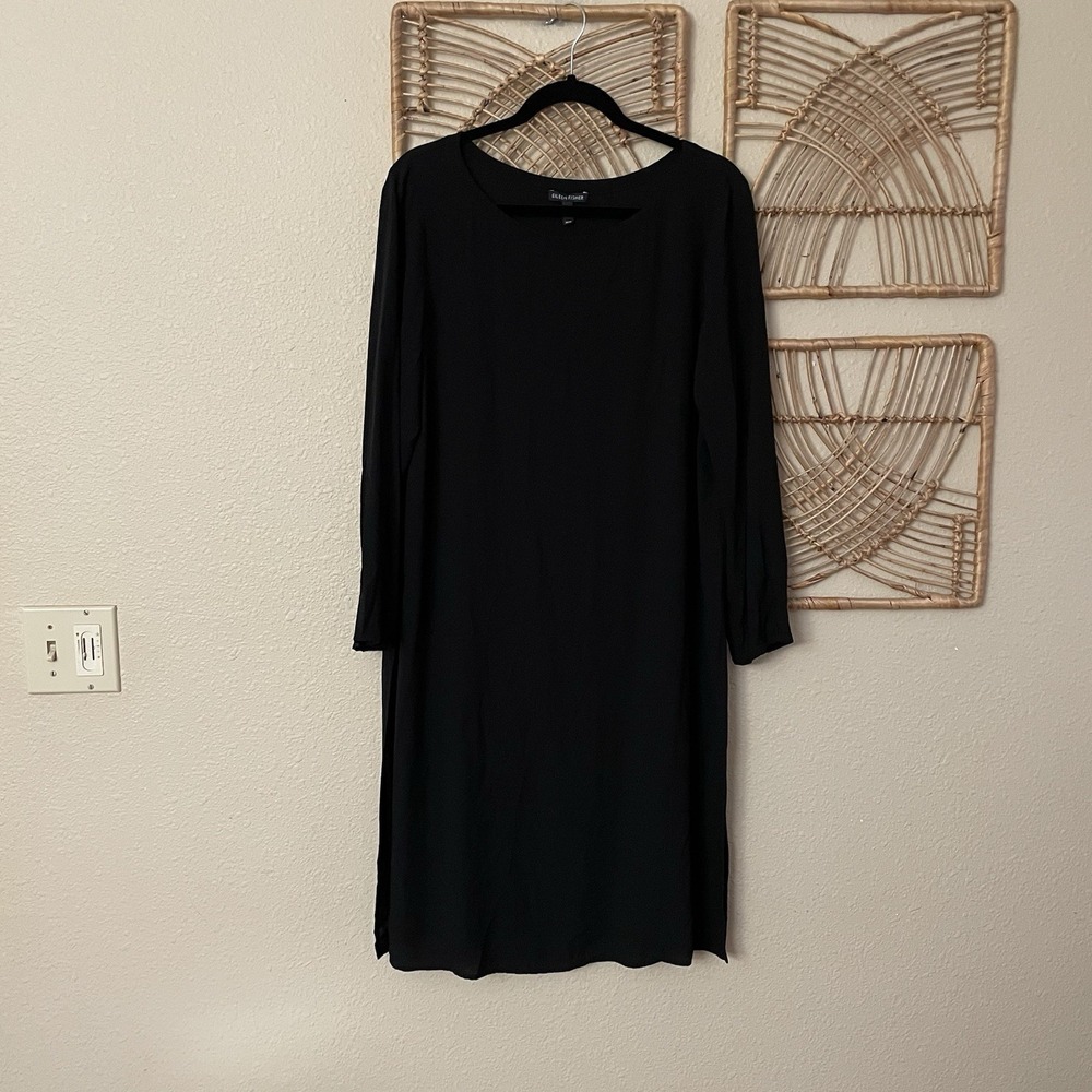 Eileen Fisher Black Bateau Neck Dress Georgette Crepe High‎ Slits $318 Sz M B10